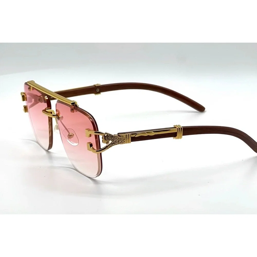 Pink Gradient Rimless‎ Square Women Sunglasses Gold Panther Wood Grain Temples